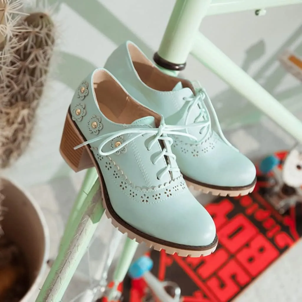 MIOKE Women's Round Toe Lace Up Pump Oxfords Vintage Two Tone Wingtip Chunky High Heel Brogues Dress Shoes
