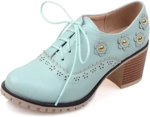 MIOKE Women's Round Toe Lace Up Pump Oxfords Vintage Two Tone Wingtip Chunky High Heel Brogues Dress Shoes