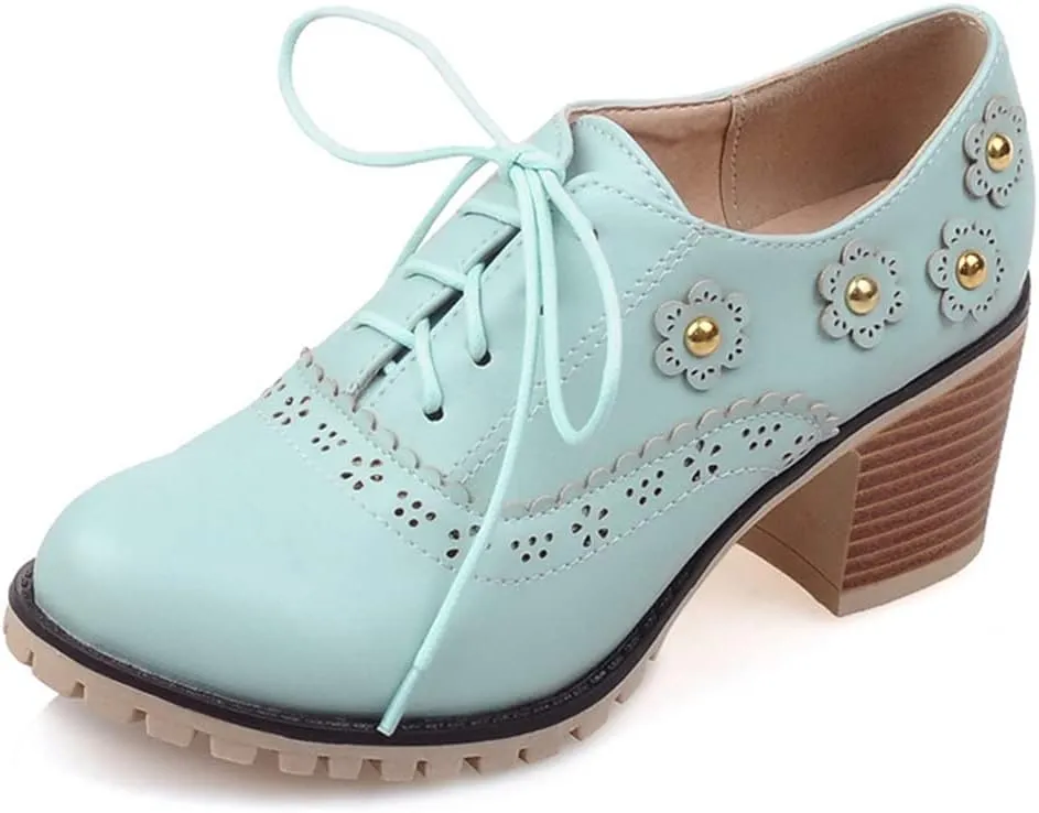 MIOKE Women's Round Toe Lace Up Pump Oxfords Vintage Two Tone Wingtip Chunky High Heel Brogues Dress Shoes