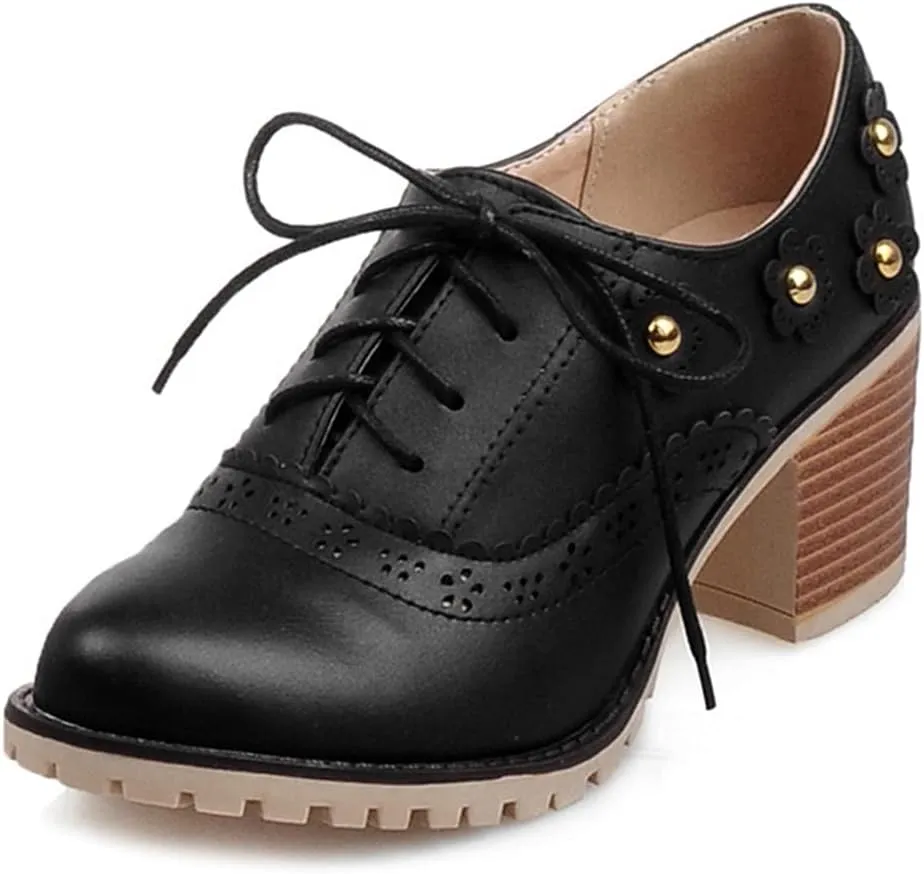 MIOKE Women's Round Toe Lace Up Pump Oxfords Vintage Two Tone Wingtip Chunky High Heel Brogues Dress Shoes