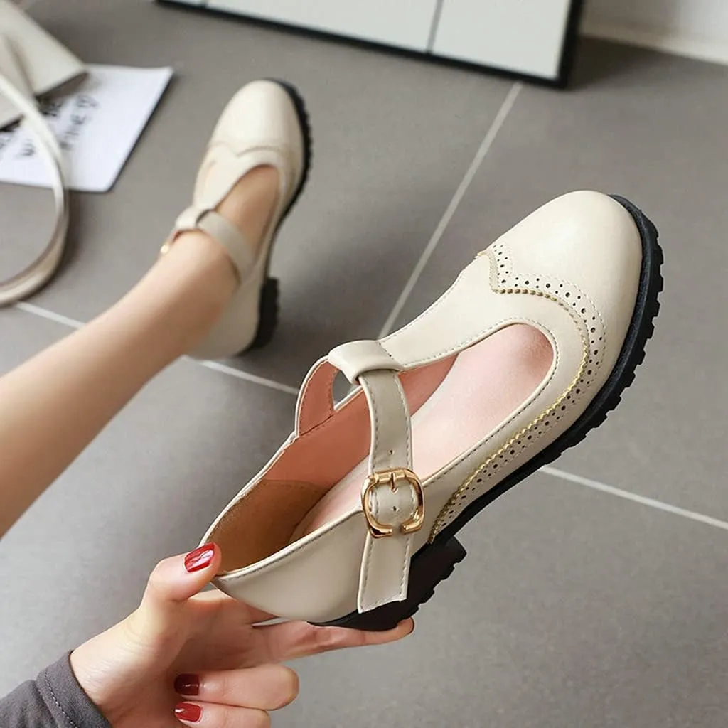 MIOKE Women's Round Toe Platform T-Strap Oxford Pumps Chunky Mid Heel Vintage Brogue Mary Jane Dress Shoes
