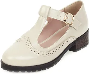 MIOKE Women's Round Toe Platform T-Strap Oxford Pumps Chunky Mid Heel Vintage Brogue Mary Jane Dress Shoes