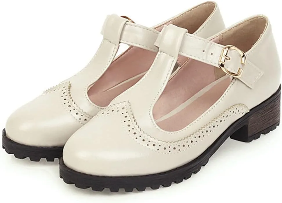 MIOKE Women's Round Toe Platform T-Strap Oxford Pumps Chunky Mid Heel Vintage Brogue Mary Jane Dress Shoes