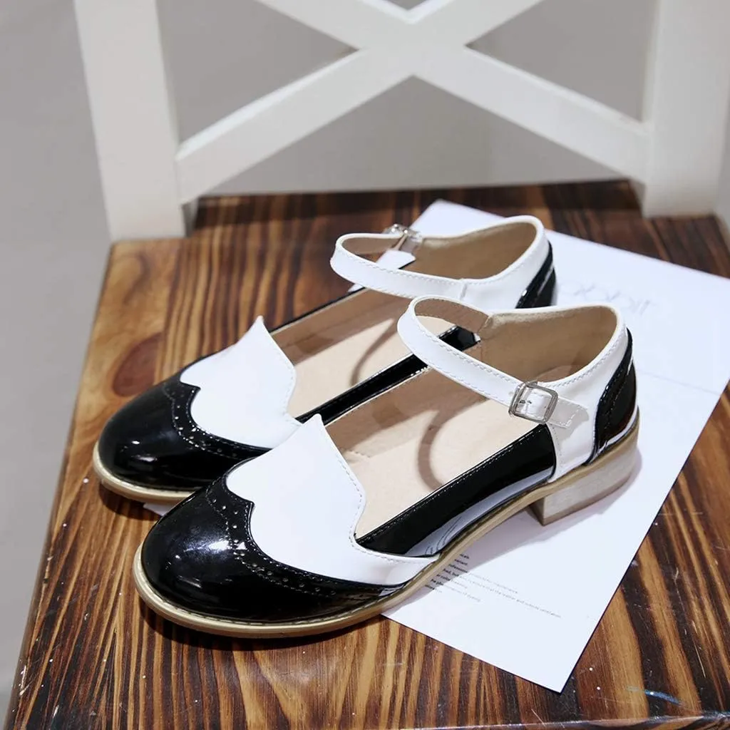 MIOKE Women's Two Tone Flat Mary Jane Oxford Shoes Wingtip Buckle Low Heel Vintage Saddle Oxfords Brogues