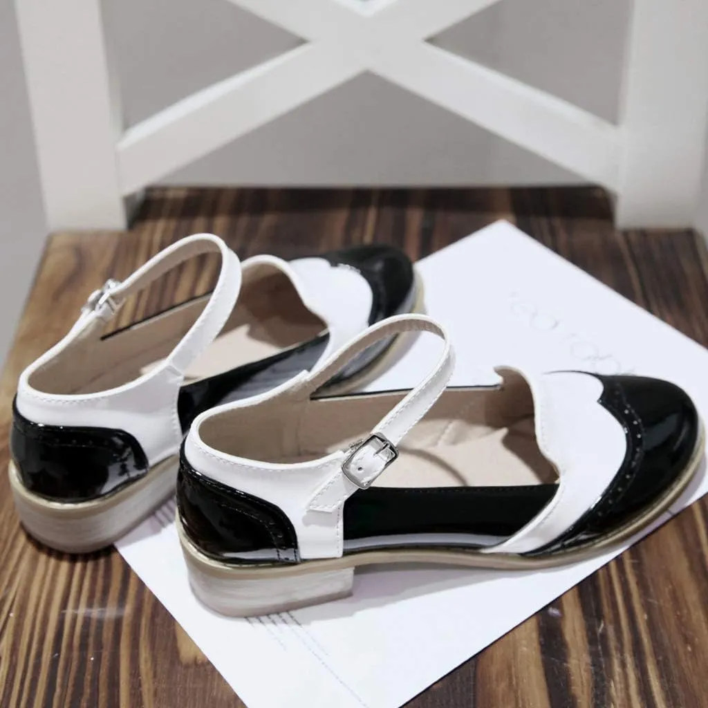 MIOKE Women's Two Tone Flat Mary Jane Oxford Shoes Wingtip Buckle Low Heel Vintage Saddle Oxfords Brogues