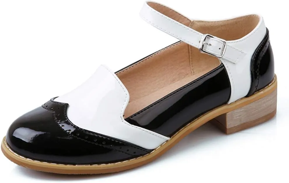 MIOKE Women's Two Tone Flat Mary Jane Oxford Shoes Wingtip Buckle Low Heel Vintage Saddle Oxfords Brogues