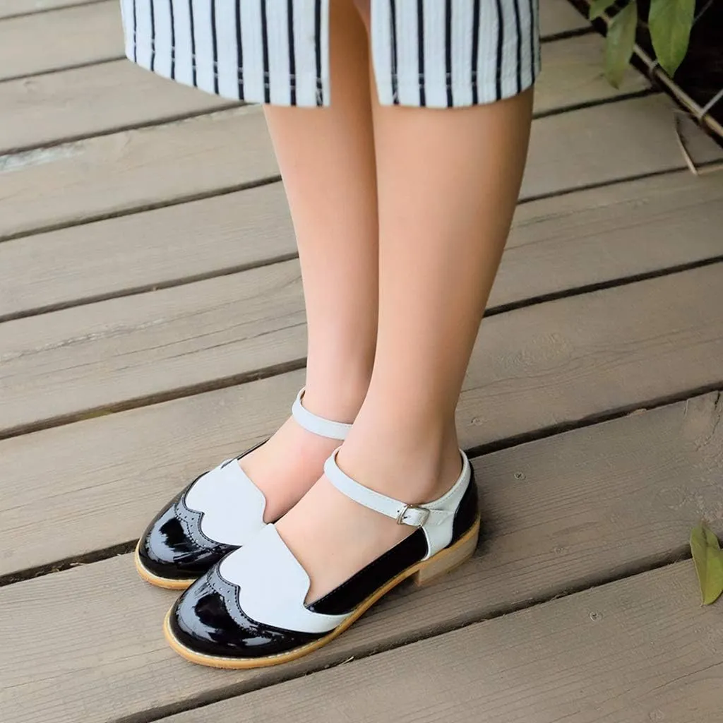 MIOKE Women's Two Tone Flat Mary Jane Oxford Shoes Wingtip Buckle Low Heel Vintage Saddle Oxfords Brogues