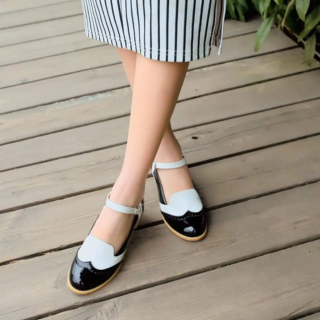 MIOKE Women's Two Tone Flat Mary Jane Oxford Shoes Wingtip Buckle Low Heel Vintage Saddle Oxfords Brogues