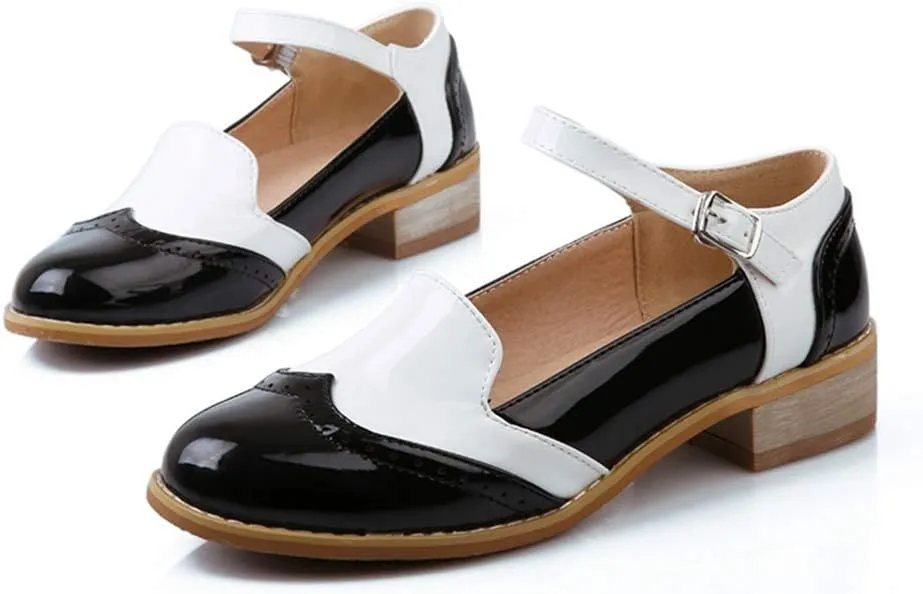MIOKE Women's Two Tone Flat Mary Jane Oxford Shoes Wingtip Buckle Low Heel Vintage Saddle Oxfords Brogues