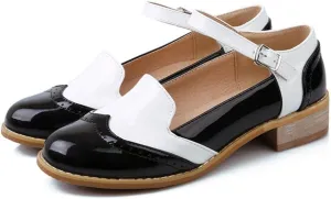 MIOKE Women's Two Tone Flat Mary Jane Oxford Shoes Wingtip Buckle Low Heel Vintage Saddle Oxfords Brogues