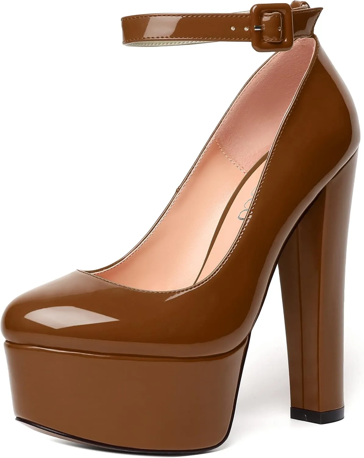 MODENCOCO Womens Bridal Round Toe Ankle Strap Evening Platform Buckle Sexy Patent Block High Heel Pumps Dress Shoes 6 Inch