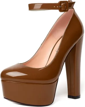 MODENCOCO Womens Bridal Round Toe Ankle Strap Evening Platform Buckle Sexy Patent Block High Heel Pumps Dress Shoes 6 Inch