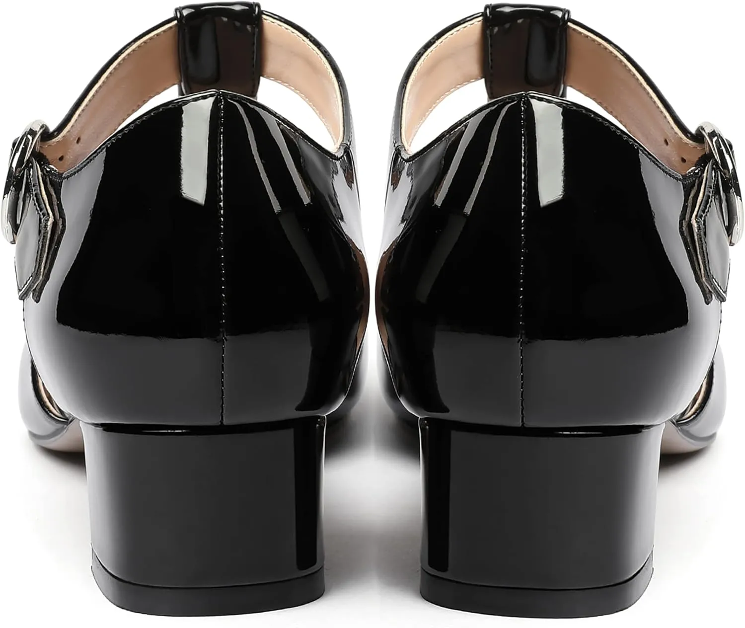 MODENCOCO Women's Round Toe Patent Buckle Dating Fashion T Strap Chunky Low Heel Pumps Dress Shoes 1.5 Inch