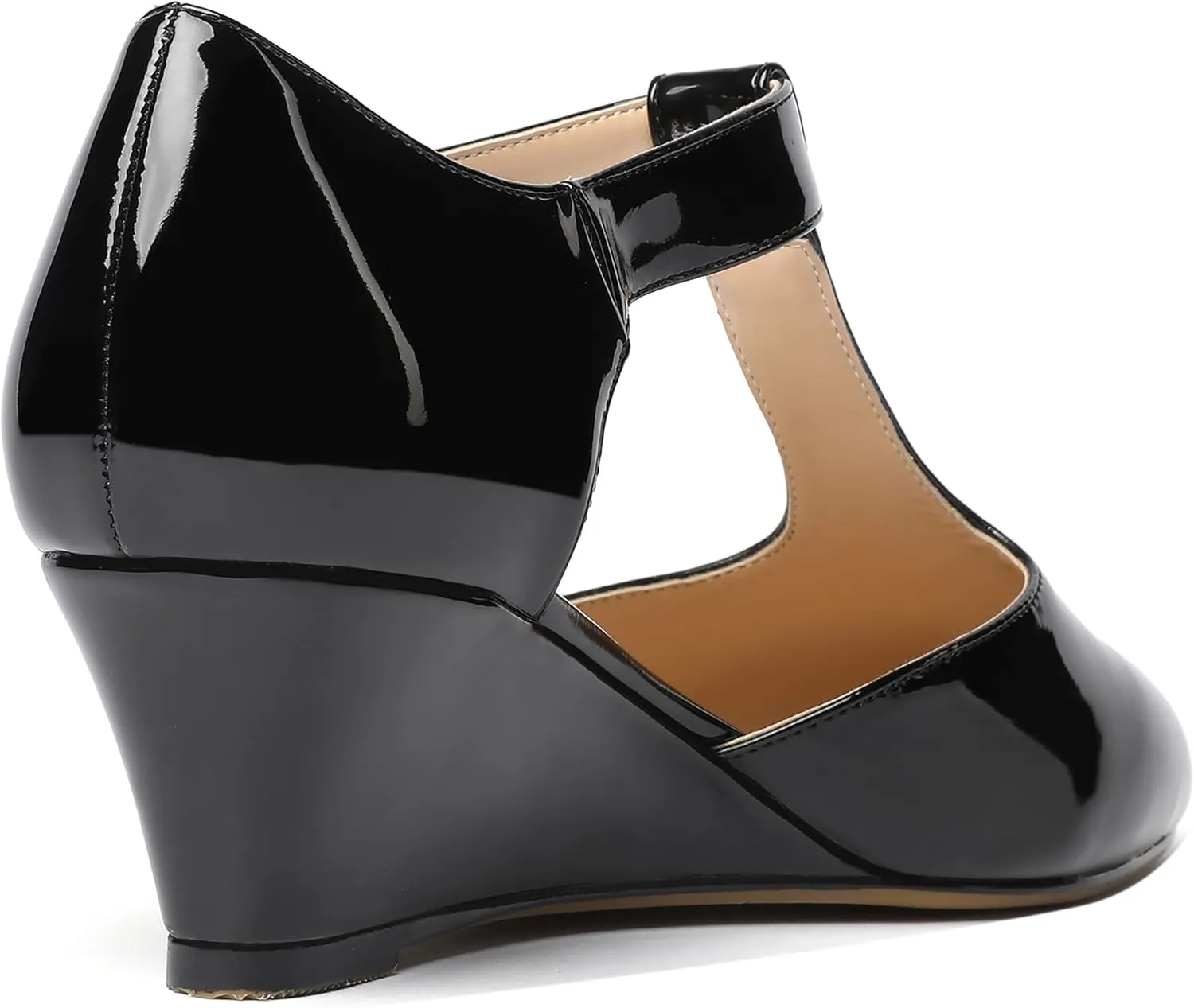 MODENCOCO Women's T Strap Patent Buckle Party Round Toe Fashion Wedge Low Heel Pumps Dress Shoes 2 Inch