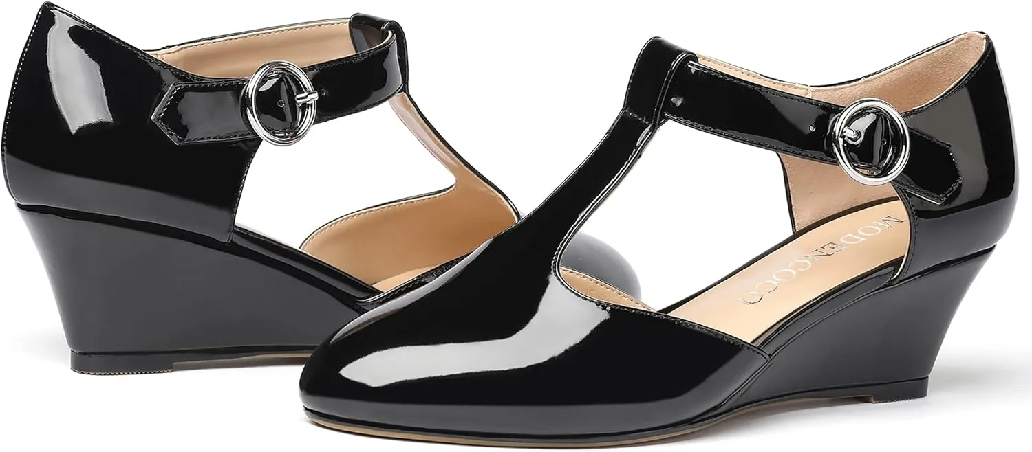 MODENCOCO Women's T Strap Patent Buckle Party Round Toe Fashion Wedge Low Heel Pumps Dress Shoes 2 Inch