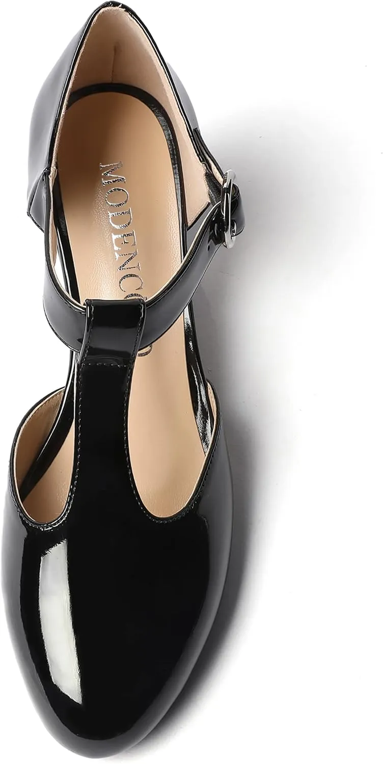 MODENCOCO Women's T Strap Patent Buckle Party Round Toe Fashion Wedge Low Heel Pumps Dress Shoes 2 Inch