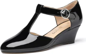 MODENCOCO Women's T Strap Patent Buckle Party Round Toe Fashion Wedge Low Heel Pumps Dress Shoes 2 Inch