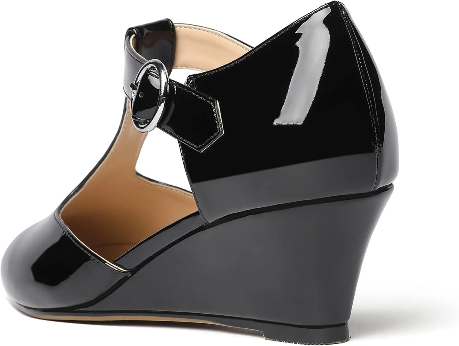 MODENCOCO Women's T Strap Patent Buckle Party Round Toe Fashion Wedge Low Heel Pumps Dress Shoes 2 Inch