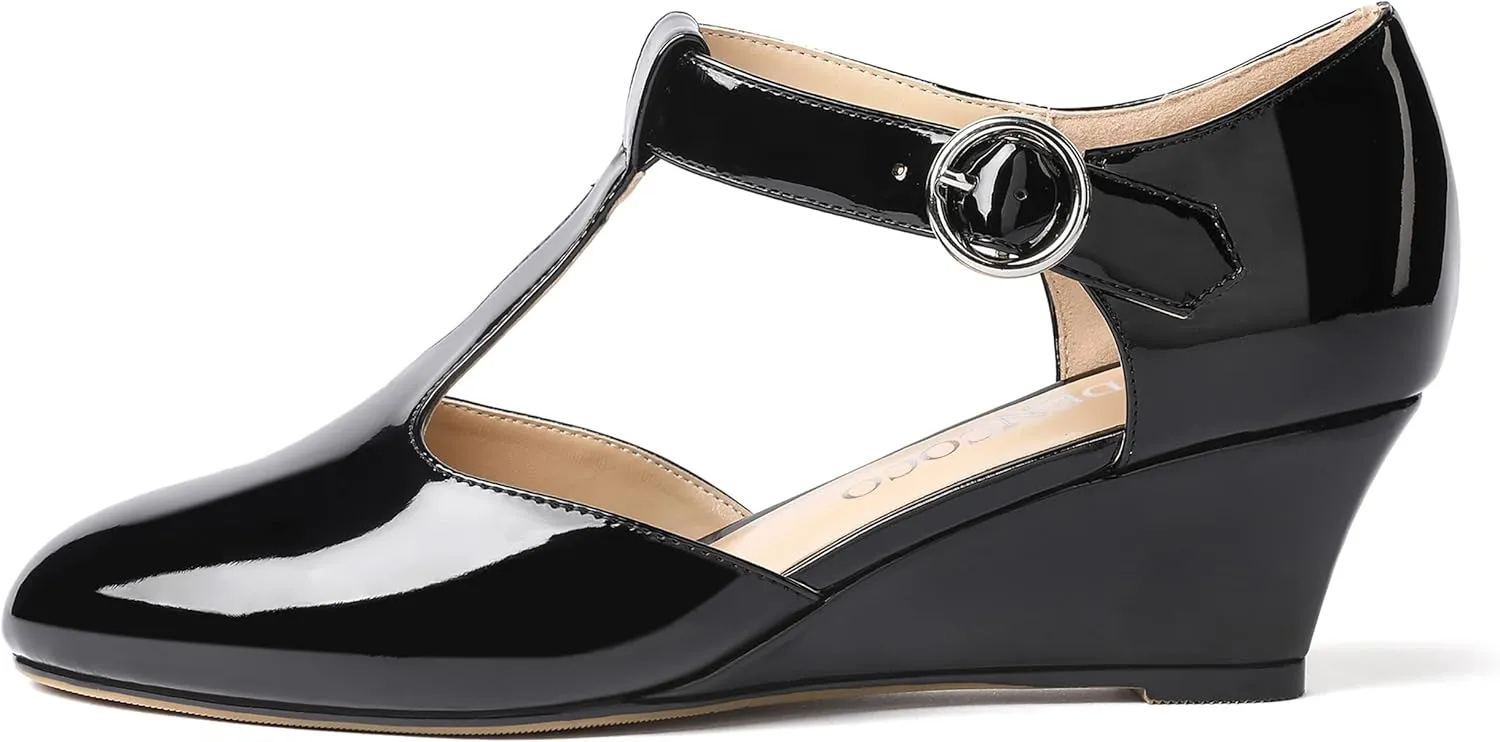 MODENCOCO Women's T Strap Patent Buckle Party Round Toe Fashion Wedge Low Heel Pumps Dress Shoes 2 Inch