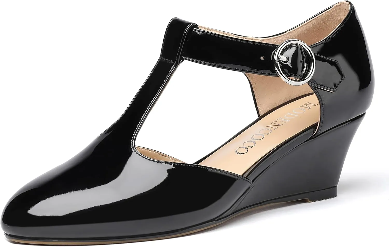 MODENCOCO Women's T Strap Patent Buckle Party Round Toe Fashion Wedge Low Heel Pumps Dress Shoes 2 Inch