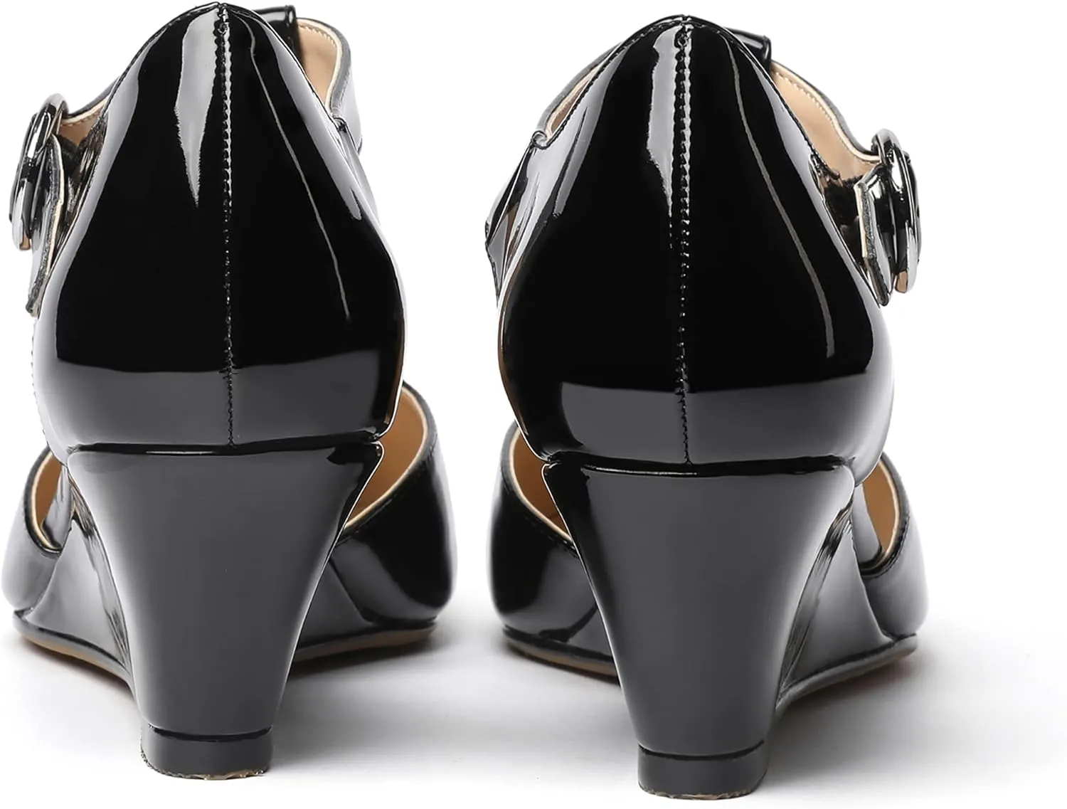 MODENCOCO Women's T Strap Patent Buckle Party Round Toe Fashion Wedge Low Heel Pumps Dress Shoes 2 Inch