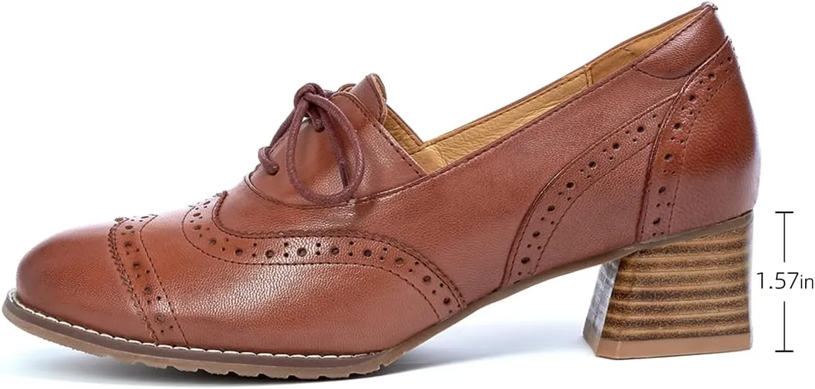 Mona flying Womens Leather 4 cm Mid Chunky Heel Wingtip Oxfords Brogue Lace up Dress Pumps Heel Office Work Shoes for Ladies