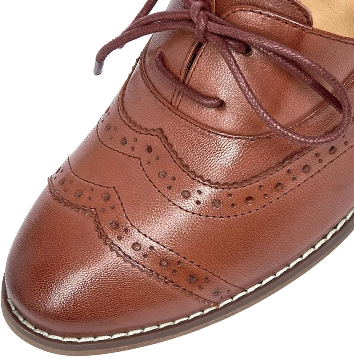 Mona flying Womens Leather 4 cm Mid Chunky Heel Wingtip Oxfords Brogue Lace up Dress Pumps Heel Office Work Shoes for Ladies