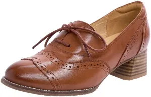 Mona flying Womens Leather 4 cm Mid Chunky Heel Wingtip Oxfords Brogue Lace up Dress Pumps Heel Office Work Shoes for Ladies