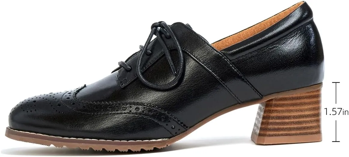Mona flying Womens Leather 4 cm Mid Chunky Heel Wingtip Oxfords Brogue Lace up Dress Pumps Heel Office Work Shoes for Ladies
