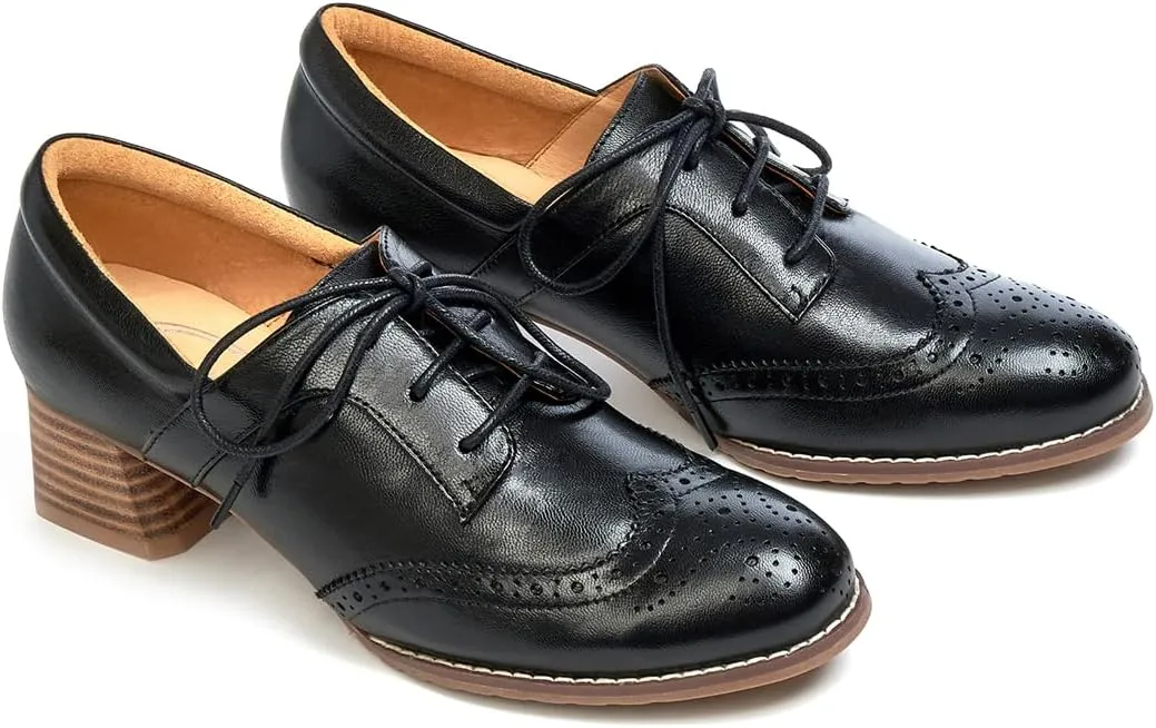 Mona flying Womens Leather 4 cm Mid Chunky Heel Wingtip Oxfords Brogue Lace up Dress Pumps Heel Office Work Shoes for Ladies