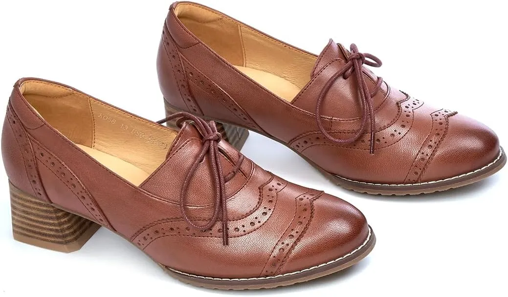 Mona flying Womens Leather 4 cm Mid Chunky Heel Wingtip Oxfords Brogue Lace up Dress Pumps Heel Office Work Shoes for Ladies