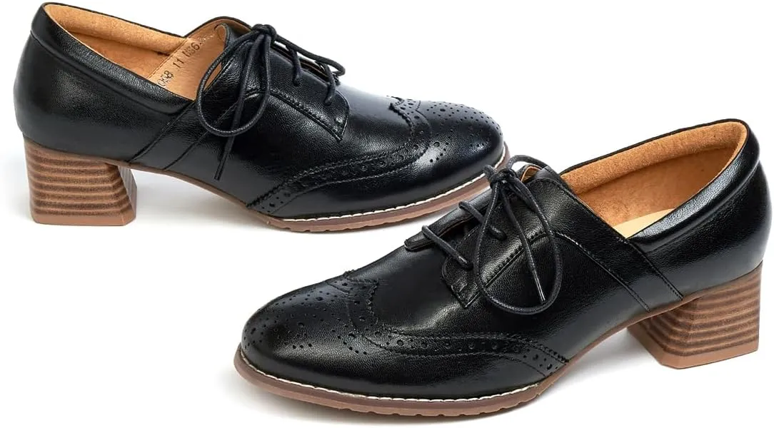 Mona flying Womens Leather 4 cm Mid Chunky Heel Wingtip Oxfords Brogue Lace up Dress Pumps Heel Office Work Shoes for Ladies