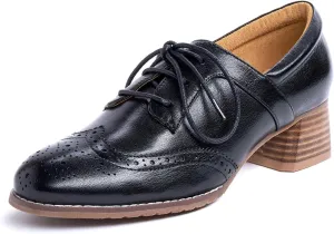 Mona flying Womens Leather 4 cm Mid Chunky Heel Wingtip Oxfords Brogue Lace up Dress Pumps Heel Office Work Shoes for Ladies