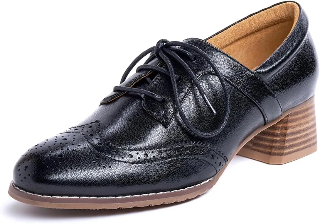 Mona flying Womens Leather 4 cm Mid Chunky Heel Wingtip Oxfords Brogue Lace up Dress Pumps Heel Office Work Shoes for Ladies