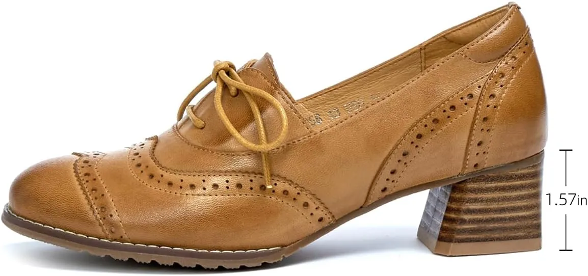 Mona flying Womens Leather 4 cm Mid Chunky Heel Wingtip Oxfords Brogue Lace up Dress Pumps Heel Office Work Shoes for Ladies