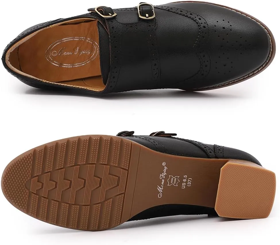 Mona flying Womens Leather Chunky Heel Monk Strap Oxfords Wingtip Ladies Mid Heel Dress Loafers Pumps Shoes with Buckle