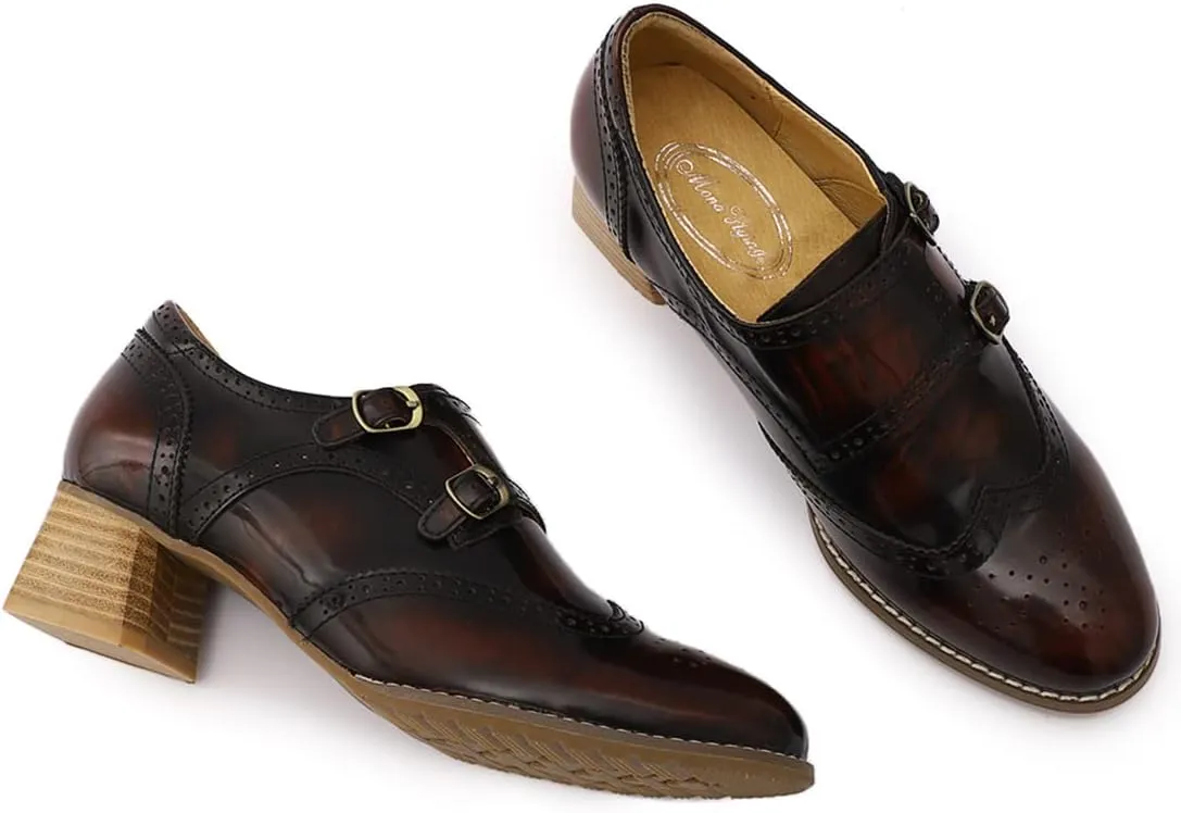 Mona flying Womens Leather Chunky Heel Monk Strap Oxfords Wingtip Ladies Mid Heel Dress Loafers Pumps Shoes with Buckle