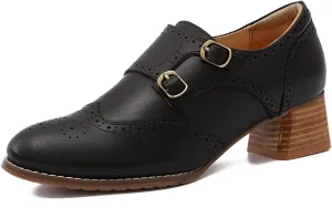Mona flying Womens Leather Chunky Heel Monk Strap Oxfords Wingtip Ladies Mid Heel Dress Loafers Pumps Shoes with Buckle