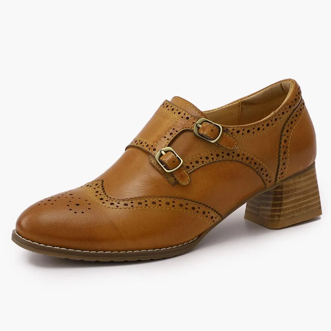 Mona flying Womens Leather Chunky Heel Monk Strap Oxfords Wingtip Ladies Mid Heel Dress Loafers Pumps Shoes with Buckle
