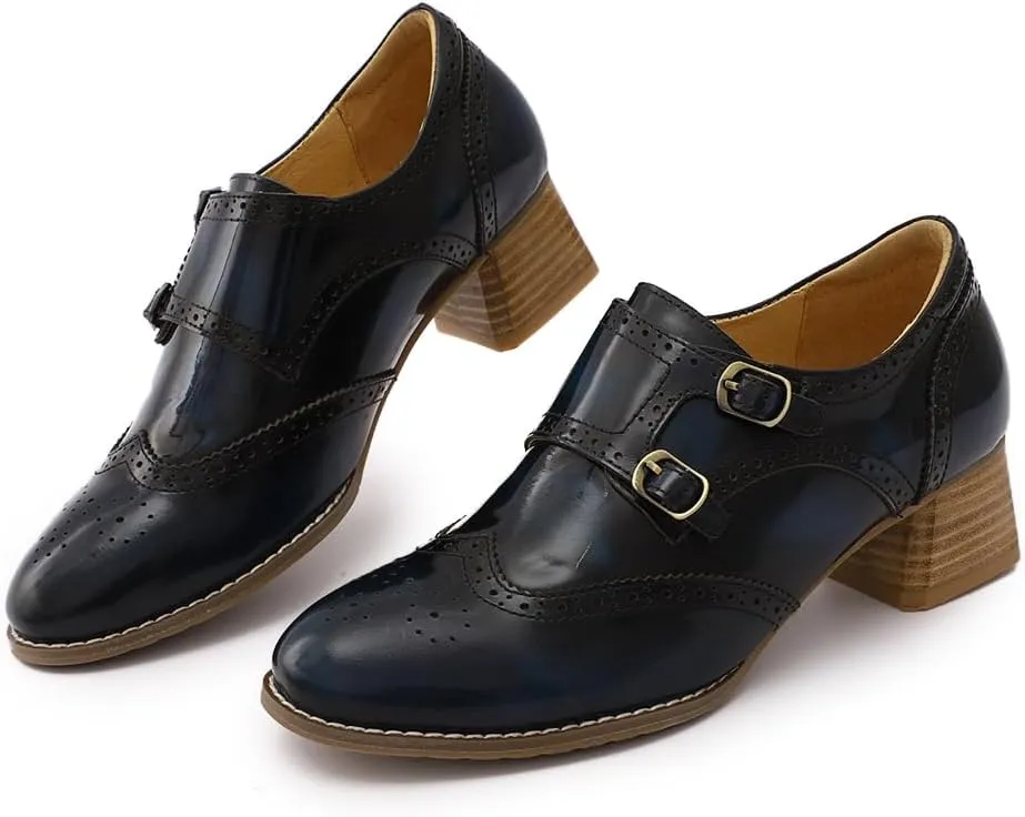Mona flying Womens Leather Chunky Heel Monk Strap Oxfords Wingtip Ladies Mid Heel Dress Loafers Pumps Shoes with Buckle