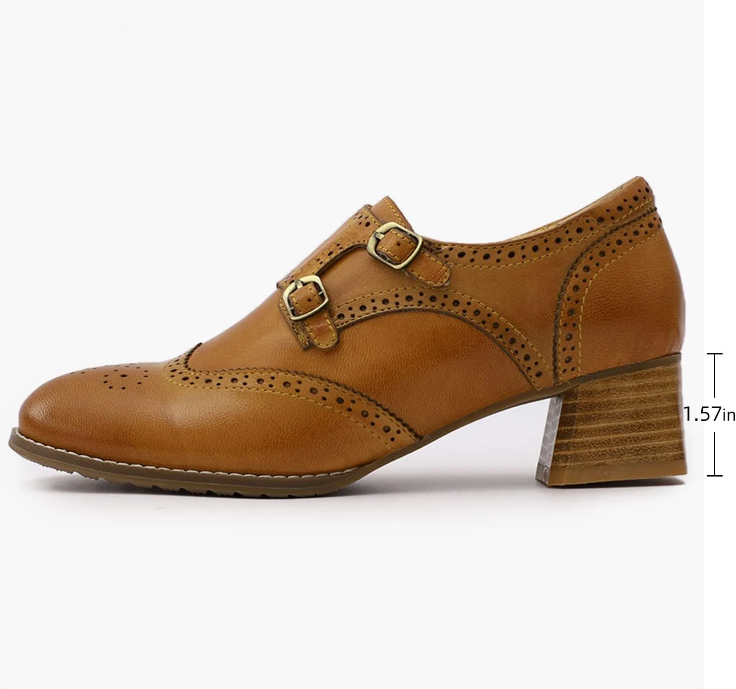 Mona flying Womens Leather Chunky Heel Monk Strap Oxfords Wingtip Ladies Mid Heel Dress Loafers Pumps Shoes with Buckle