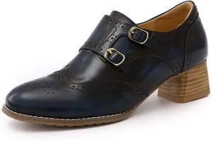 Mona flying Womens Leather Chunky Heel Monk Strap Oxfords Wingtip Ladies Mid Heel Dress Loafers Pumps Shoes with Buckle