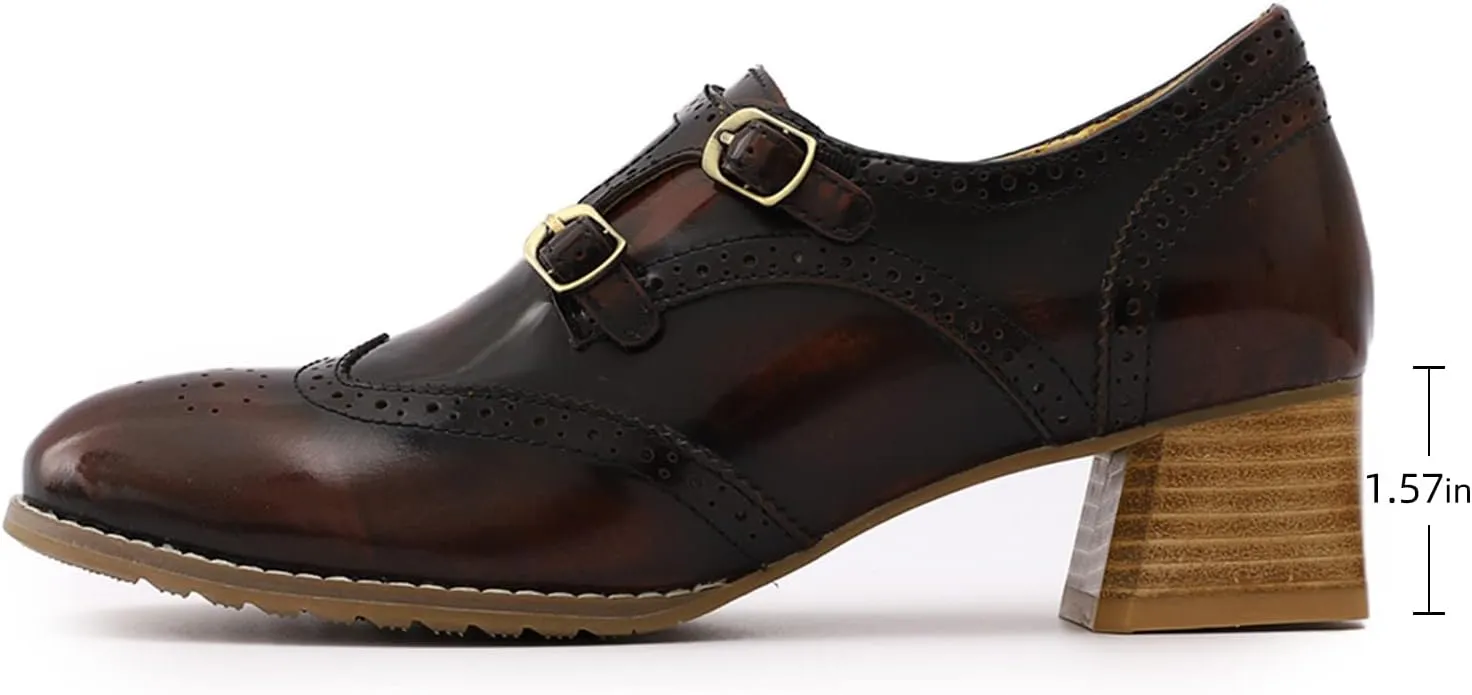 Mona flying Womens Leather Chunky Heel Monk Strap Oxfords Wingtip Ladies Mid Heel Dress Loafers Pumps Shoes with Buckle