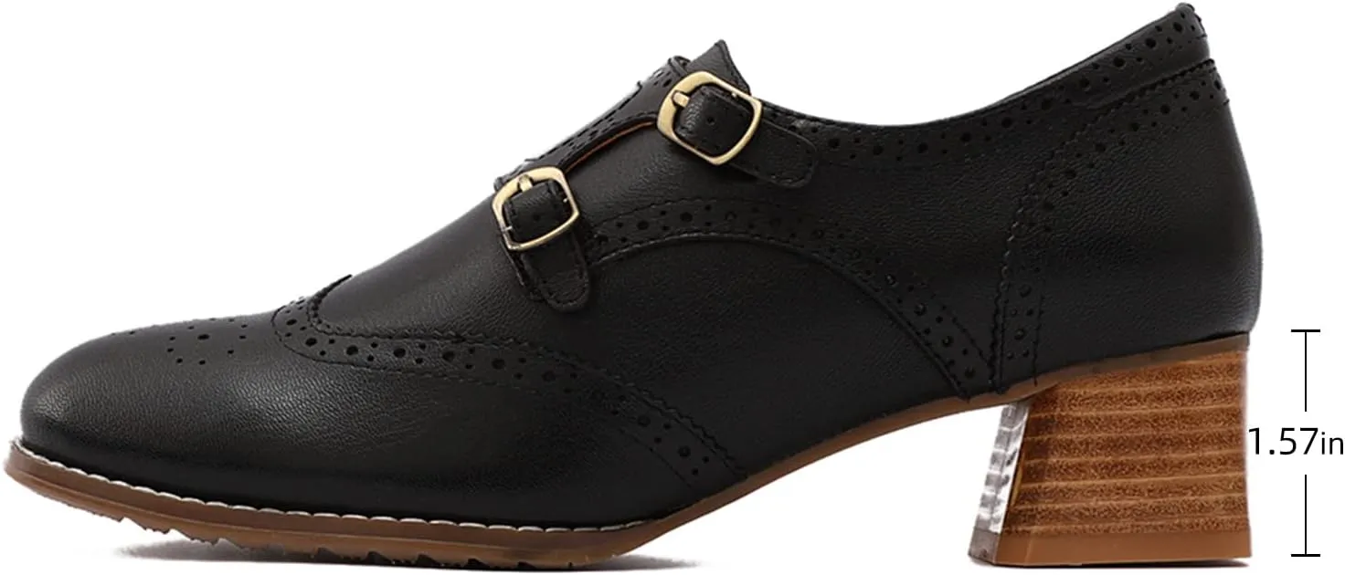 Mona flying Womens Leather Chunky Heel Monk Strap Oxfords Wingtip Ladies Mid Heel Dress Loafers Pumps Shoes with Buckle