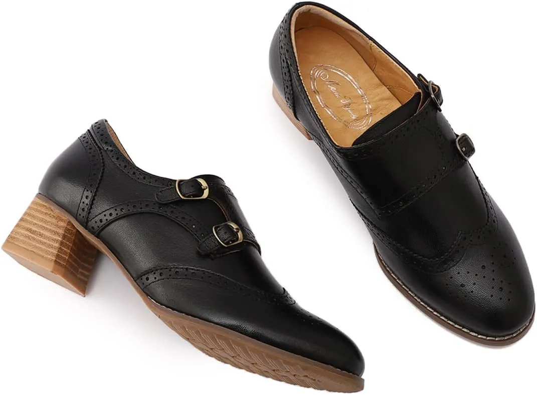 Mona flying Womens Leather Chunky Heel Monk Strap Oxfords Wingtip Ladies Mid Heel Dress Loafers Pumps Shoes with Buckle