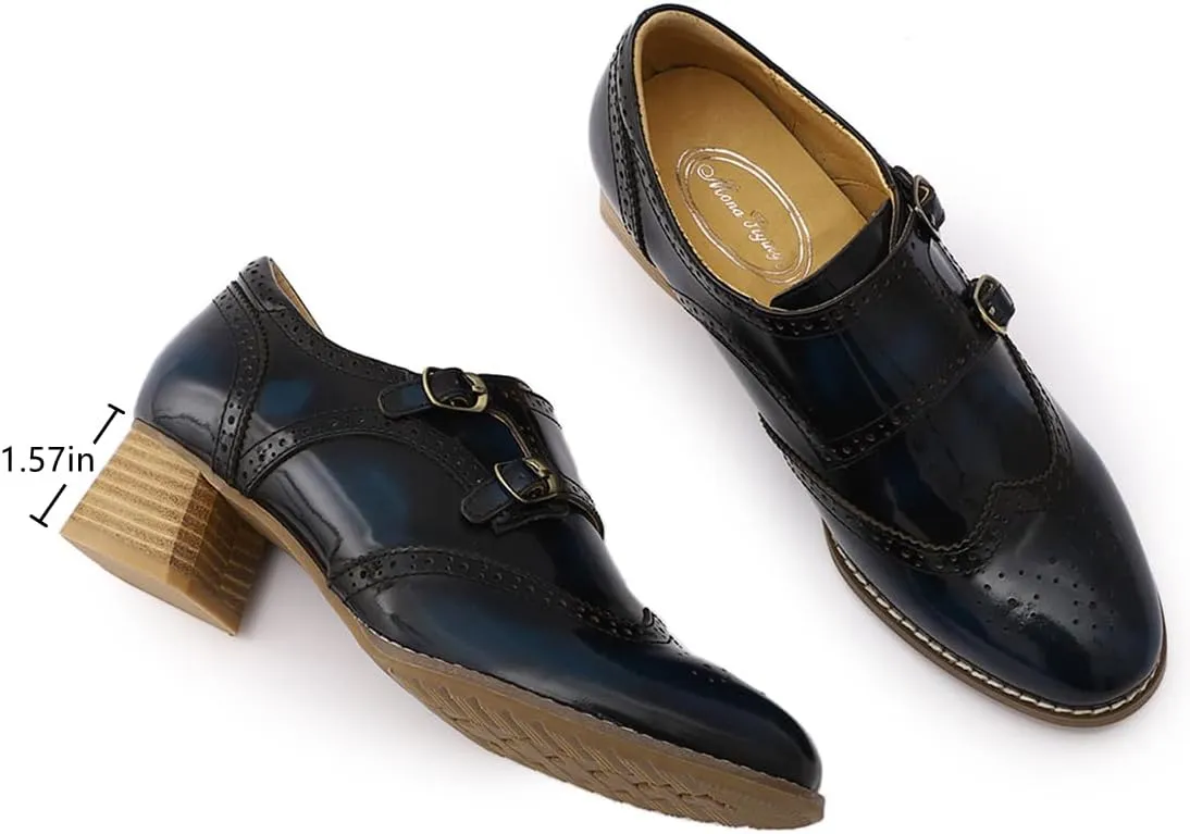 Mona flying Womens Leather Chunky Heel Monk Strap Oxfords Wingtip Ladies Mid Heel Dress Loafers Pumps Shoes with Buckle