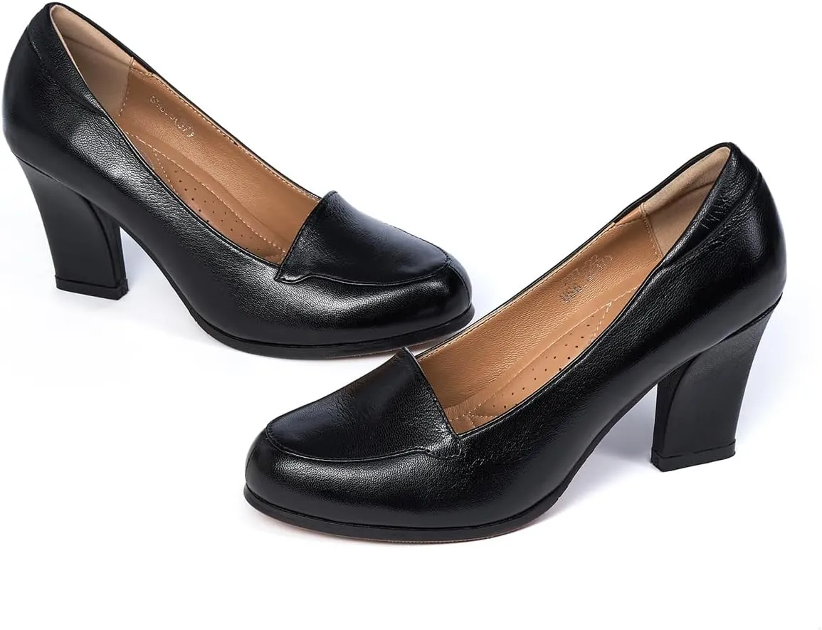Mona flying Women's Leather Closed Round Toe Chunky High Heel Pumps Formal Court Shoes Office Work Dress Shoes for Ladies