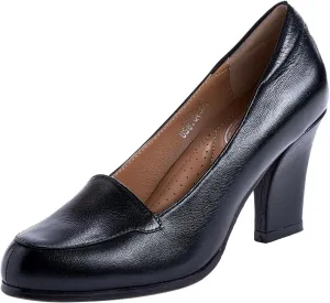 Mona flying Women's Leather Closed Round Toe Chunky High Heel Pumps Formal Court Shoes Office Work Dress Shoes for Ladies