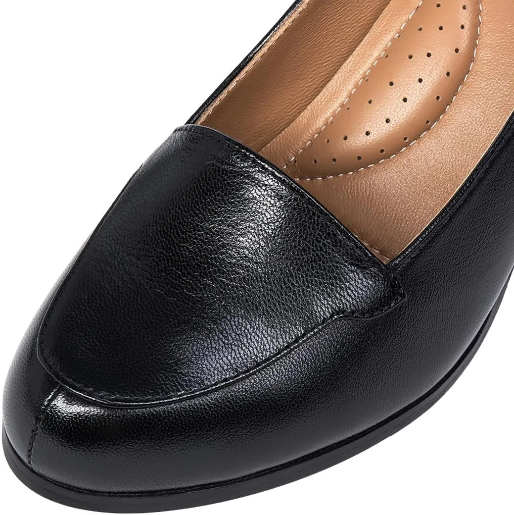 Mona flying Women's Leather Closed Round Toe Chunky High Heel Pumps Formal Court Shoes Office Work Dress Shoes for Ladies