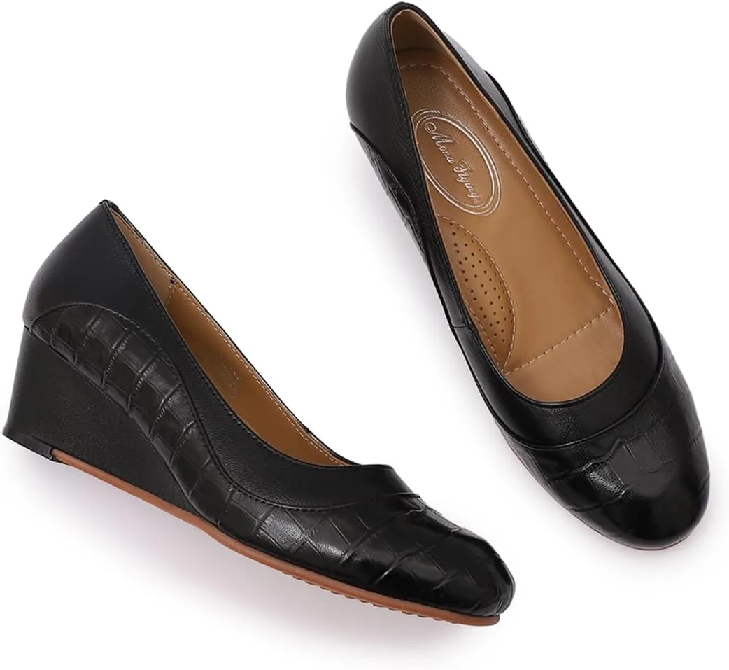 Mona flying Women's Leather Closed Toe 2 Inch Mid Wedges Heels with Arch Support Round Toe Comfortable Dress Pumps for Women Ladies